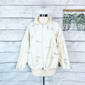 3/$22🩶 Vintage 1990s Log Cabin Camping Vacation Moose Canoe Tree Jacket Women L